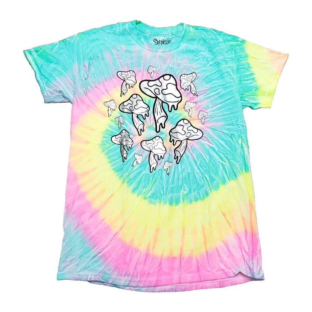 Spencer's Multicolored Tie Dye Mushrooms Graphics T Shirt Tee Unisex Adult Sz M